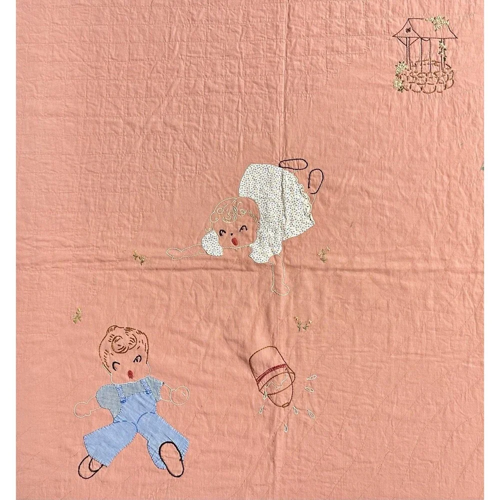Antique 1930s Hand Embroidered Hand Made Quilt Blanket Nursery Jack Jill Rhyme